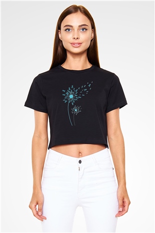 Kanser Günü Baskılı Siyah Crop Top Kadın Tişört - Tshirt
