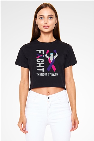 Kanser Günü Baskılı Siyah Crop Top Kadın Tişört - Tshirt