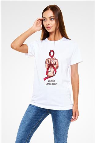 Kanser Günü Baskılı Unisex Beyaz Tişört - Tshirt