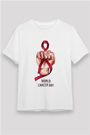 Kanser Günü Baskılı Unisex Beyaz Tişört - Tshirt