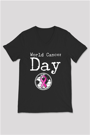 Kanser Günü Baskılı Unisex Siyah V Yaka Tişört - Tshirt