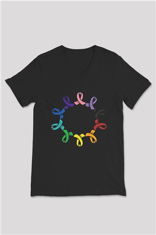 Kanser Günü Baskılı Unisex Siyah V Yaka Tişört - Tshirt