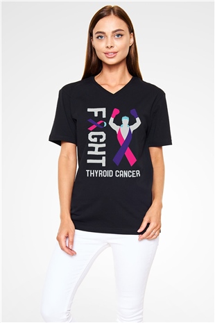 Kanser Günü Baskılı Unisex Siyah V Yaka Tişört - Tshirt