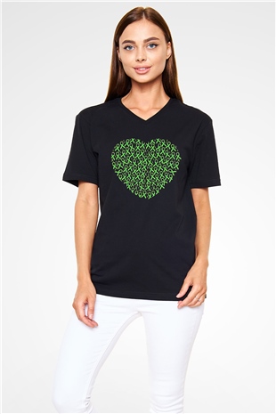 Kanser Günü Baskılı Unisex Siyah V Yaka Tişört - Tshirt