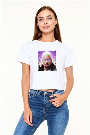 Kanye West Baskılı Beyaz Kadın Crop Top Tişört