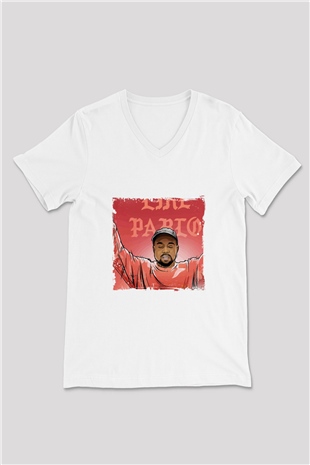 Kanye West Baskılı Beyaz V Yaka Unisex Tişört