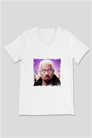 Kanye West Baskılı Beyaz V Yaka Unisex Tişört
