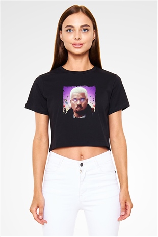 Kanye West Baskılı Crop Top Siyah Kadın Tişört