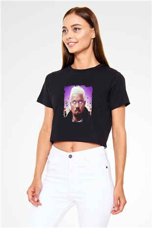 Kanye West Baskılı Crop Top Siyah Kadın Tişört