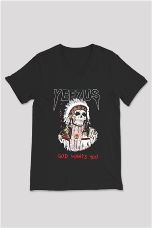 Kanye West Yeezus Siyah Unisex V Yaka Tişört T-Shirt