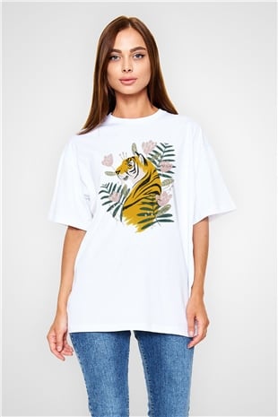 Kaplan Beyaz Unisex Oversize Tişört T-Shirt
