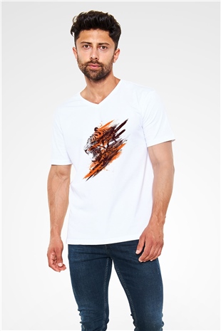 Kaplan Beyaz Unisex V Yaka Tişört