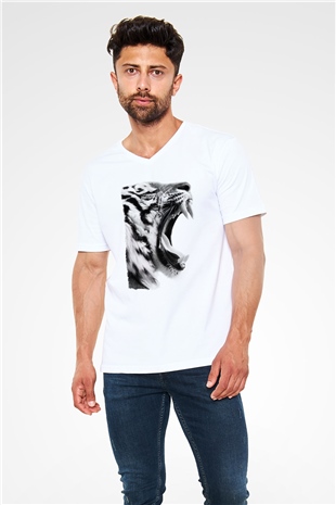 Kaplan Beyaz Unisex V Yaka Tişört