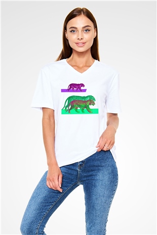 Kaplan Beyaz Unisex V Yaka Tişört