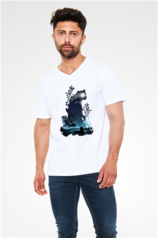 Kaplan Beyaz Unisex V Yaka Tişört