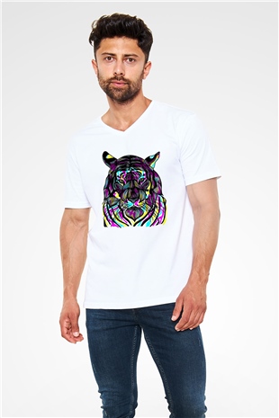 Kaplan Beyaz Unisex V Yaka Tişört
