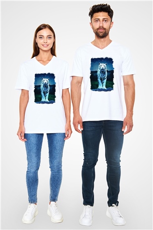 Kaplan Beyaz Unisex V Yaka Tişört