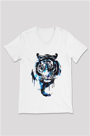 Kaplan Beyaz Unisex V Yaka Tişört T-Shirt