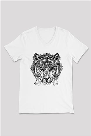 Kaplan Beyaz Unisex V Yaka Tişört T-Shirt