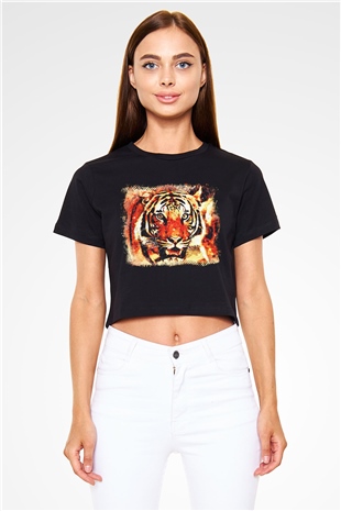 Kaplan Siyah Crop Top Tişört