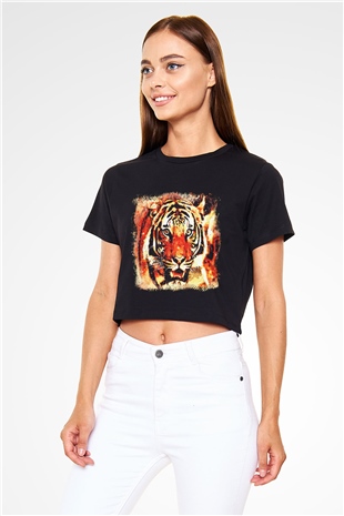 Kaplan Siyah Crop Top Tişört