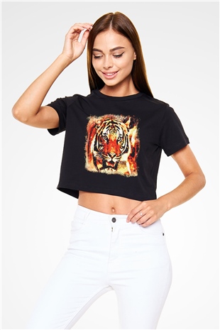 Kaplan Siyah Crop Top Tişört