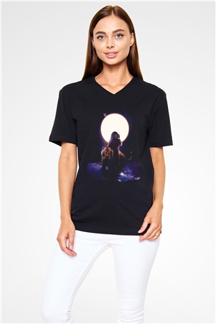 Kaplan Siyah Unisex V Yaka Tişört