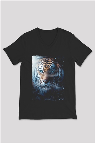 Kaplan Siyah Unisex V Yaka Tişört
