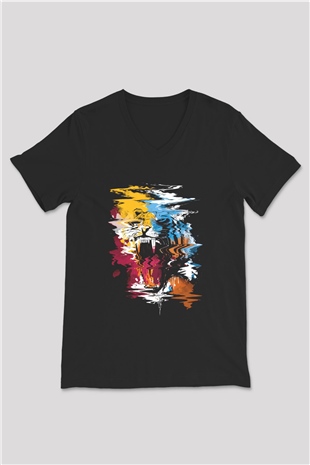Kaplan Siyah Unisex V Yaka Tişört