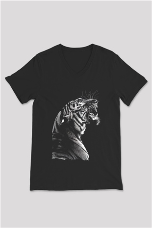Kaplan Siyah Unisex V Yaka Tişört
