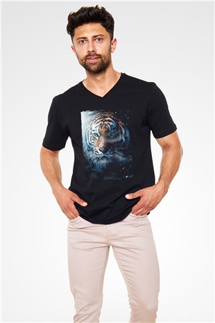Kaplan Siyah Unisex V Yaka Tişört