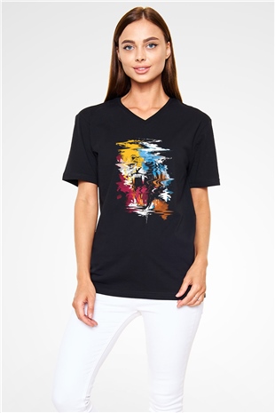 Kaplan Siyah Unisex V Yaka Tişört