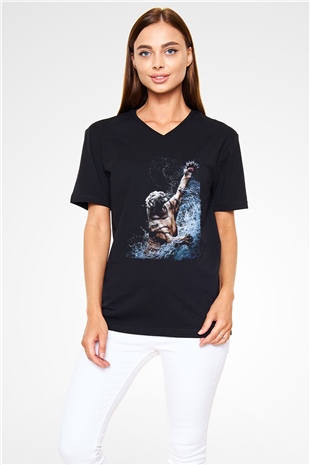 Kaplan Siyah Unisex V Yaka Tişört