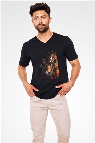 Kaplan Siyah Unisex V Yaka Tişört