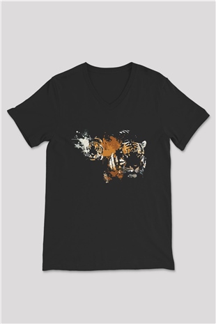 Kaplan Siyah Unisex V Yaka Tişört T-Shirt
