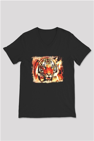 Kaplan Siyah Unisex V Yaka Tişört T-Shirt