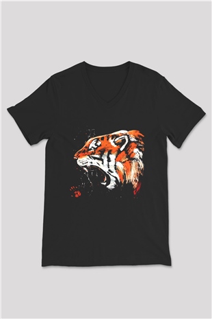 Kaplan Siyah Unisex V Yaka Tişört T-Shirt