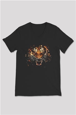 Kaplan Siyah Unisex V Yaka Tişört T-Shirt