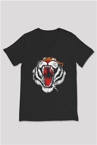 Kaplan Siyah Unisex V Yaka Tişört T-Shirt