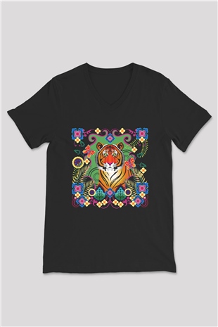 Kaplan Siyah Unisex V Yaka Tişört T-Shirt