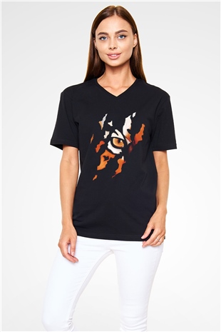 Kaplan Siyah Unisex V Yaka Tişört T-Shirt