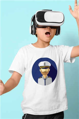 Kaptan Baskılı Beyaz Unisex Çocuk Tişört