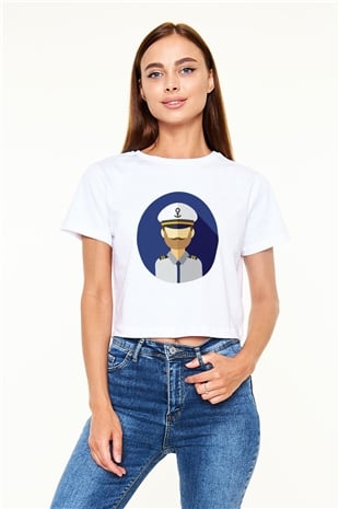 Kaptan Beyaz Croptop Tişört