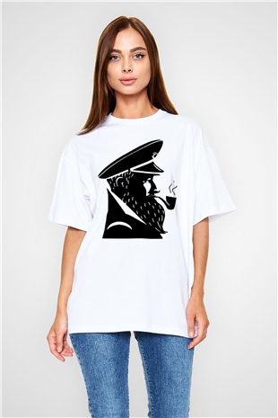 Kaptan Beyaz Unisex Oversize Tişört T-Shirt