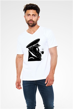 Kaptan Beyaz Unisex V Yaka Tişört T-Shirt