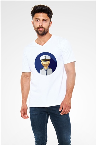 Kaptan Beyaz Unisex V Yaka Tişört T-Shirt