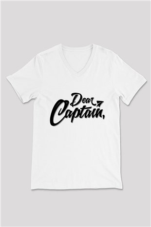 Kaptan Beyaz Unisex V Yaka Tişört T-Shirt