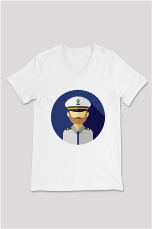 Kaptan Beyaz Unisex V Yaka Tişört T-Shirt