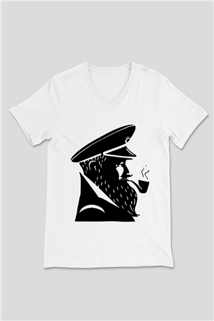Kaptan Beyaz Unisex V Yaka Tişört T-Shirt