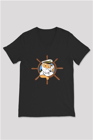Kaptan Siyah Unisex V Yaka Tişört T-Shirt